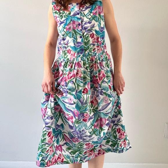 Vintage Dresses & Skirts - Vintage Pink & Teal Floral Cotton button front Long Pleated summer Dress Medium